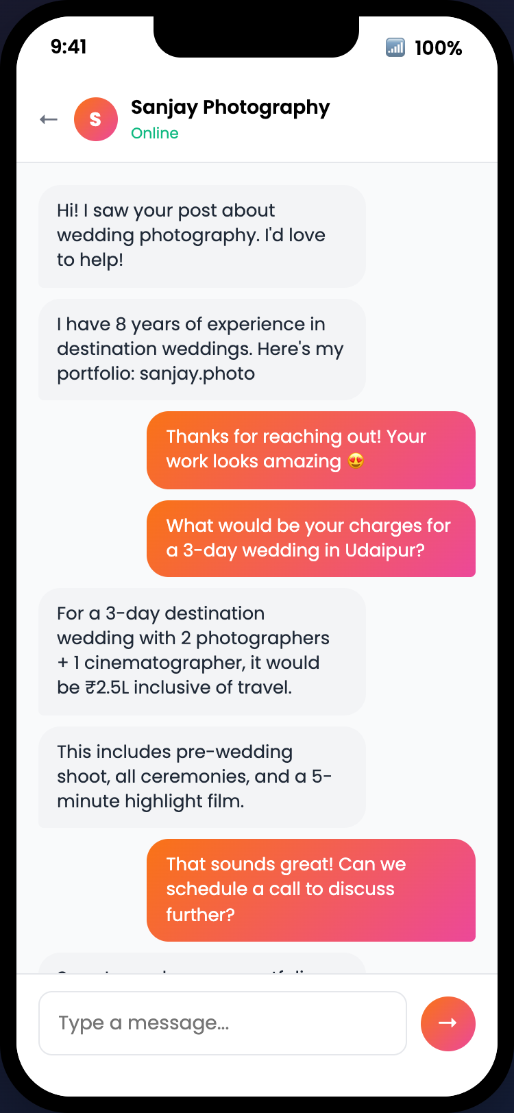 Direct messaging between business owner and service provider